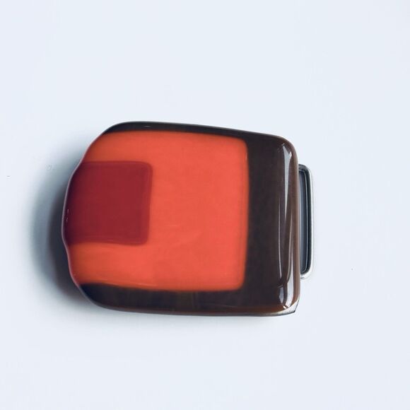 VTG Fused Art Glass Belt Buckle Abstract Brown Orange Colorblock Mod Retro Indie - Picture 4 of 8